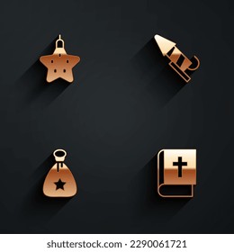 Set Christmas star, Firework rocket, Santa Claus bag gift and Holy bible book icon with long shadow. Vector