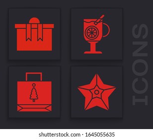 Set Christmas star, Gift box, Mulled wine with glass of drink and Christmas paper shopping bag icon. Vector