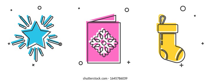 Set Christmas star, Christmas postcard and Christmas stocking icon. Vector