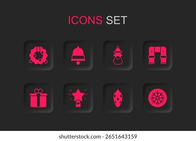 Set Christmas star, ringing bell, wreath, toy, Winter scarf, Snowflake, Santa Claus hat and beard and Gift box icon. Vector