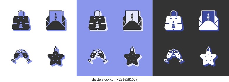 Set Christmas star, shopping bag, Glass of champagne and Envelope icon. Vector