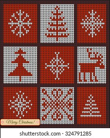 Set of Christmas star and snowflake, Merry Christmas Scandinavian style knitted card, Fair Pattern sweater design on the wool knitted texture. Knitting Ornament