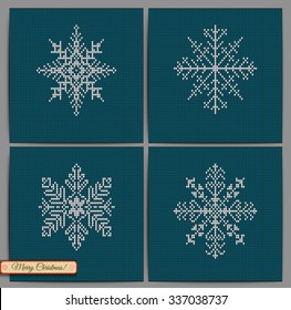 Set of Christmas star and snowflake, Merry Christmas Scandinavian style knitted card, Fair Pattern sweater design on the wool knitted texture. Knitting Ornament