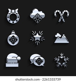 Set Christmas star, Snowflake with speech bubble, Mountains, Santa Claus hat, ball, candy cane stripes and wreath icon. Vector