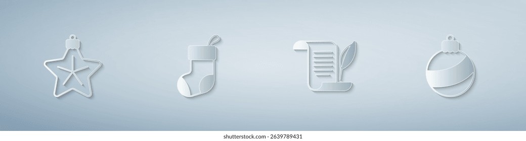 Set Christmas star, stocking, Envelope and ball. Paper art style. Vector