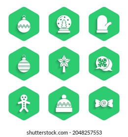 Set Christmas star, Winter hat, Candy, Snowflake speech bubble, Holiday gingerbread man cookie, ball, mitten and  icon. Vector
