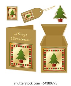 A set of Christmas stationery with card, gift box, stamp, sticker and tag. EPS10 vector format