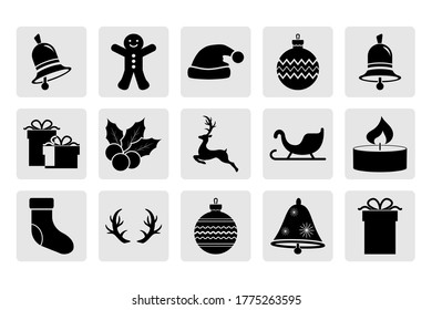 Set of Christmas stencil. Collection of icons. Deer, christmas ball, sledge, bell, candle, sweet, gift etc. Vector stock illlustration. EPS 10