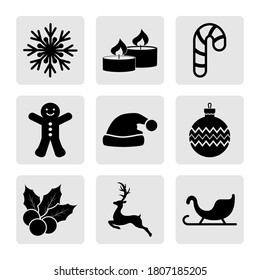 Set of Christmas stencil. Collection of icons. Deer, christmas ball, sledge, candle, sweet etc. Vector stock illlustration. EPS 10