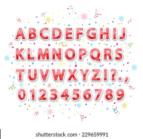 Set of Christmas stickers alphabet letters with snowflakes, tinsel and confetti on white background, illustration.