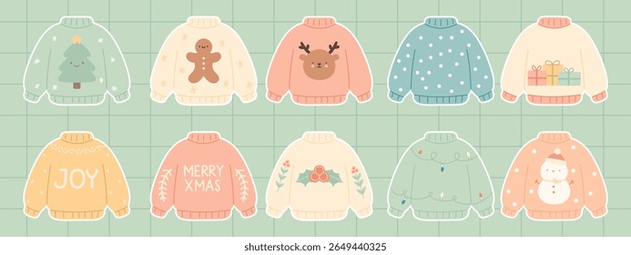 Conjunto de adesivos de Natal. Coleção etiqueta de suéter feio, ilustração vetorial. Saltadores Kawaii Xmas