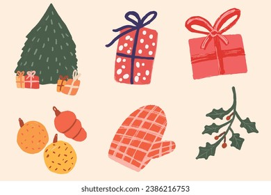Set of Christmas stickers, colorful vector illustration in flat cartoon style