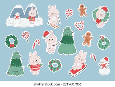 Set of Christmas stickers with a cute bunny symbol of the Chinese New Year. Bunny with different winter activities and holiday elements