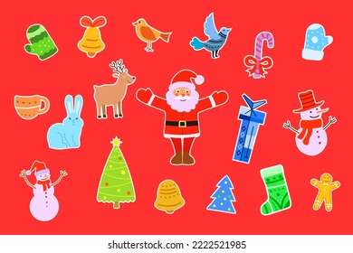 A set of Christmas stickers in a cute, cartoon style with Santa and the snowman, the bunny and the reindeer, the bell, the mitten and the sock, the gift and the Christmas tree. Vector illustration 