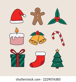 Set of Christmas stickers in cute style design. Suitable for design elements, stickers packs, etc. Available in scalable size. 