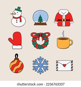 Set of Christmas stickers in cute style design. Suitable for design elements, stickers packs, etc. Available in scalable size.