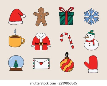  Set of Christmas stickers in cute style design. Suitable for design elements, stickers packs, etc. Available in scalable size.