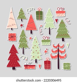 A set of Christmas stickers with cute trees and gifts. Vetor holiday collection of elements for the new year. For notebook, diary, packaging, scrapbooking.