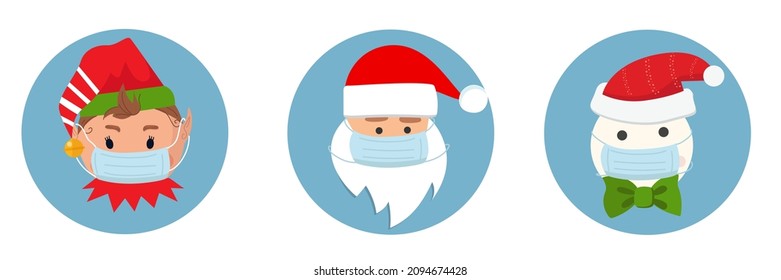 set of Christmas stickers depicting pandemics. Santa Claus, elf, snowman in medical protective masks. groovy icons of Christmas characters. vector illustration isolated