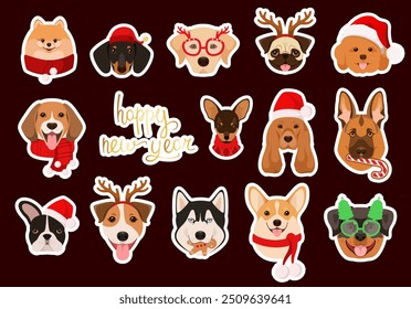 Un conjunto de pegatinas de Navidades con perros. Lindo estilo de dibujos animados. Ilustración vectorial.
