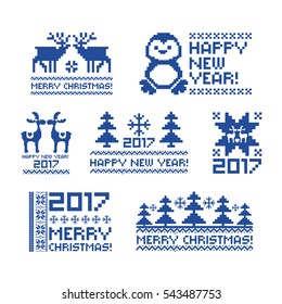 A set of Christmas stickers. Stickers embroidered cross. Reindeer, Christmas tree, 2017. Use dyal advertising design.