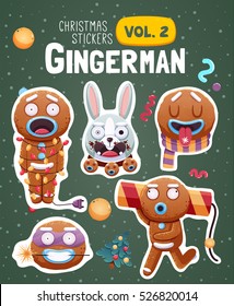 Set of christmas stickers with expressive gingerbread man cookies. Vector illustration