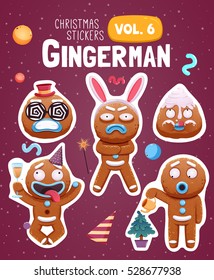 Set of christmas stickers with expressive gingerbread man cookies. Vector illustration