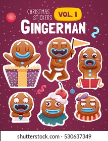 Set of christmas stickers with expressive gingerbread man cookies. Vector illustration