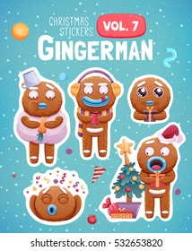 Set of christmas stickers with expressive gingerbread man cookies. Vector illustration