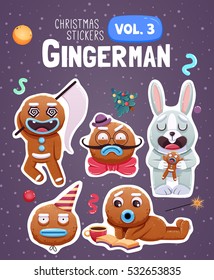 Set of christmas stickers with expressive gingerbread man cookies. Vector illustration