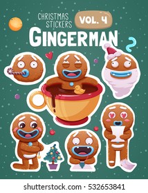 Set of christmas stickers with expressive gingerbread man cookies. Vector illustration