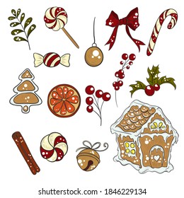 set of Christmas stickers, gingerbread house, cinnamon and orange. vector illustration.
