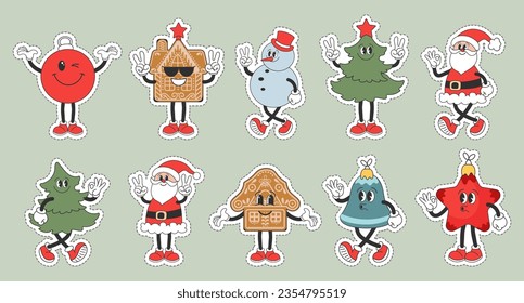 Juego de stickers de Navidad, caracteres retro de Groovy. Hombre de nieve, Santa Claus, árbol de Navidad, pan de jengibre, campana, estrella, bola de Navidad. Iconos de Navidad al estilo de las caricaturas. Vector