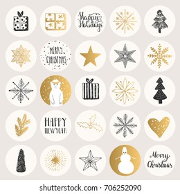 Set of Christmas stickers. Hand drawn holiday elements. Vector.