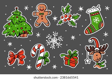 Set of Christmas stickers isolated. The collection includes Christmas tree, holly berries, gift,  bow,  gingerbread man,  sock,  snowflake,  candy cane, and  moose. Hand drawn. Vector illustration.