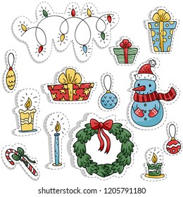 Set of Christmas stickers with items. Cute items in cartoon style. gifts, snowman, wreath, candle, garland, candy. Isolated elements on white background