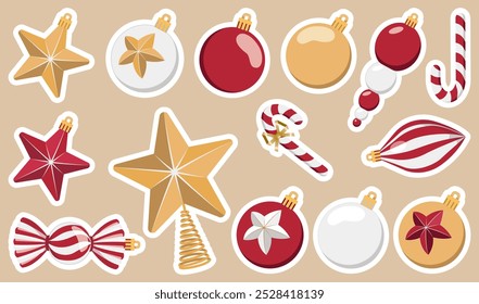 Set of Christmas stickers. Multicolored Christmas tree toys.