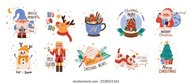 Set of Christmas stickers with New year lettering.  Merry christmas calligraphy.  olly season typography.  Vector flat illustration of winter bundle holiday isolated on white