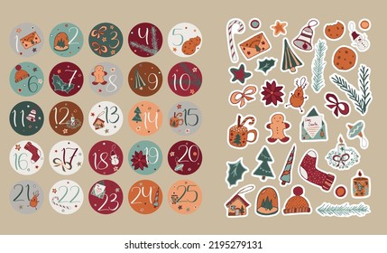 Set of Christmas stickers with offset to print. Round countdown 1 to 25 for holiday. Winter clipart for sublimation or planner decor.