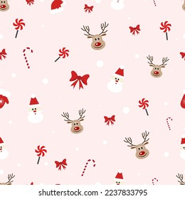 Un conjunto de stickers de Navidad en un fondo rosado, una hermosa huella festiva. Patrón con vectores de vacaciones, santa, arco rojo, ciervo, embalaje, caramelos, nieve, fondo, postal