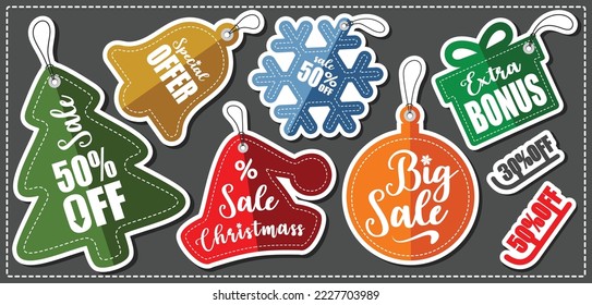 Set of Christmas Stickers with outline and shadows on dark Background - Sale tags - Banners price and discount labels - Vector illustration
