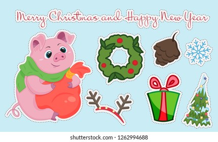 Set of Christmas stickers. Piglet in a scarf.