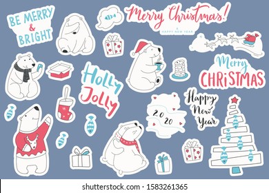 Set of christmas stickers of polar bears. Cartoon collection with cute bears and hand draw lettering Merry Christmas.