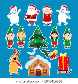 Juego de stickers de Navidad Santa Claus, la Sra. Santa Claus, hombres de nieve, elfos, ciervos, casa, árbol, campanas. Ilustración festiva vectorial al estilo de las caricaturas.