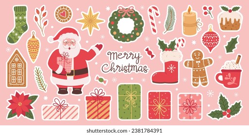 Juego de stickers de Navidad.  Santa Claus, corona, ungüento, regalos, picor de ramas, bayas rojas, bolas de navidad, taza de cacao. Perfecto para la reserva de recortes, tarjeta de saludo, invitación a fiestas, póster.