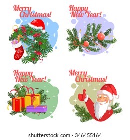 Set of Christmas stickers with Santa Claus, Christmas trees branch, balls, gifts and candle, vector image, eps10