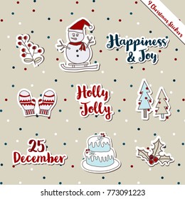 A set of Christmas stickers, scrapbook, gift tags with text, snowman, cake, warm wish items, wool gloves, Christmas tree holly jolly celebration, decorated scrapbook wrapping paper season greeting.  