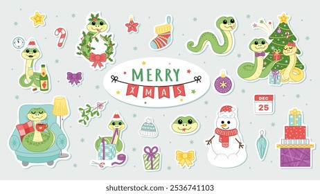 Set of Christmas stickers with snake. Merry Xmas stickers. Sticker pack. Cartoon, vector. Isolated vector illustration eps 10