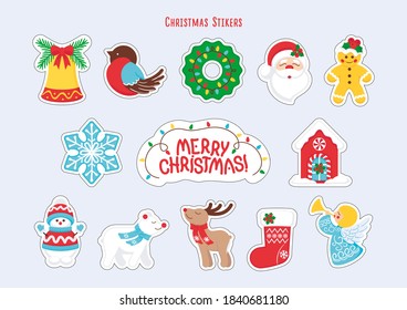 A set of Christmas stickers: snowman, bear, deer, Santa Claus, wreath, snowflake, angel, stocking, bullfinch, bell, house, lettering. Vector illustration, cartoon character