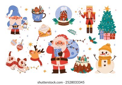 Conjunto de pegatinas de Navidades con muñeco de nieve, Papá Noel, pan de jengibre, pastel de vacaciones de invierno. Gnomo lindo de Navidad, reno, globo de nieve, Cascanueces. Ilustración plana de Vector de vacaciones de invierno aislado en blanco